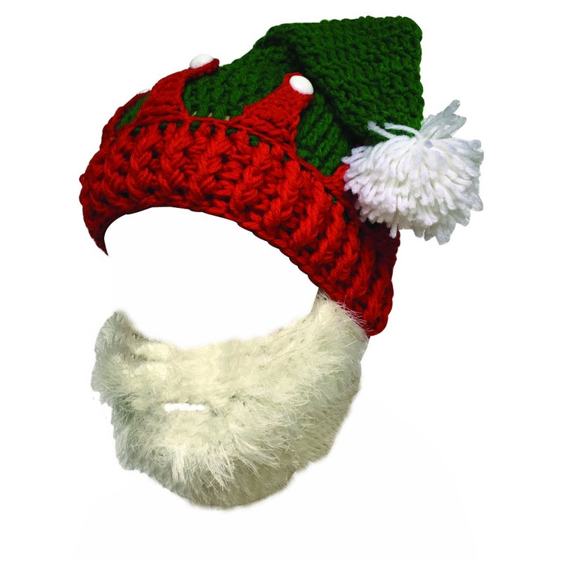 Kafeimali Unisex Christmas Winter Knitted Crochet Beanie Santa Hat with Beard Foldaway Bearded Caps (Red) - Image 1